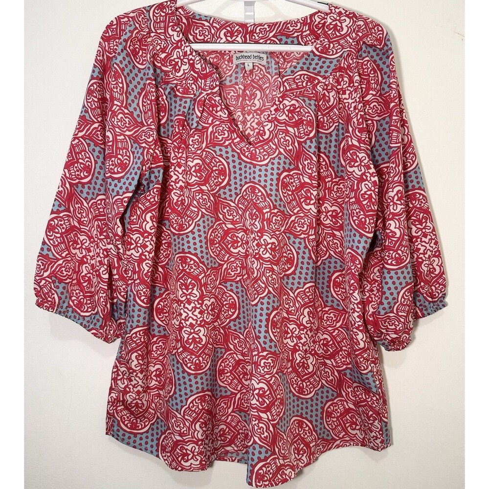 Buckhead Betties Boho Tunic Blouse Womens Large Red Blue Floral 3/4 Sleeve